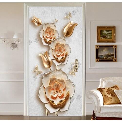 Door Sticker Chinese Style 3D Embossed Golden Butterfly Flowers Wallpaper Living Room Bedroom Luxury Door Poster 3D PVC Stickers