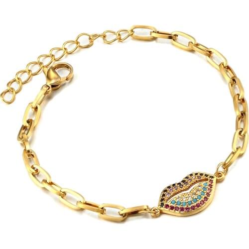 New Arrival Copper CZ Lips Bracelet For Women Adjustable Charm Stainless Steel Chain Bangle Jewelry Best Party Wedding Trip Gift