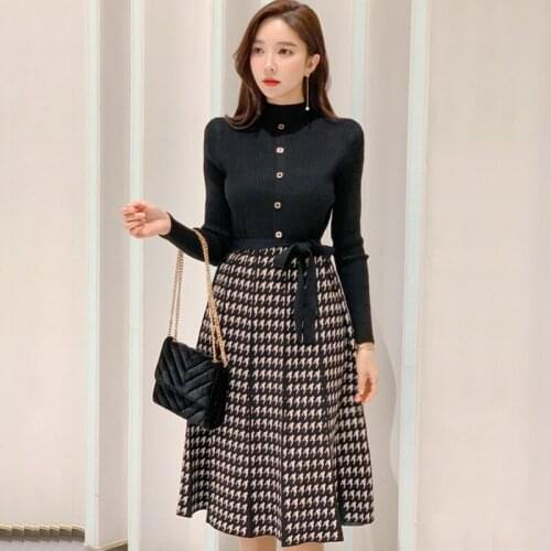 New arrival fashion vintage knit elastic formal dress high quality work style patchwork black mini cute elegant a-line dress