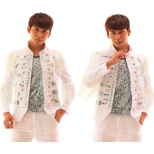 New real men white tassels beading rhineston event/stage performance short tuxedo jacket/stage performance/ASIA SIZE/only jacket