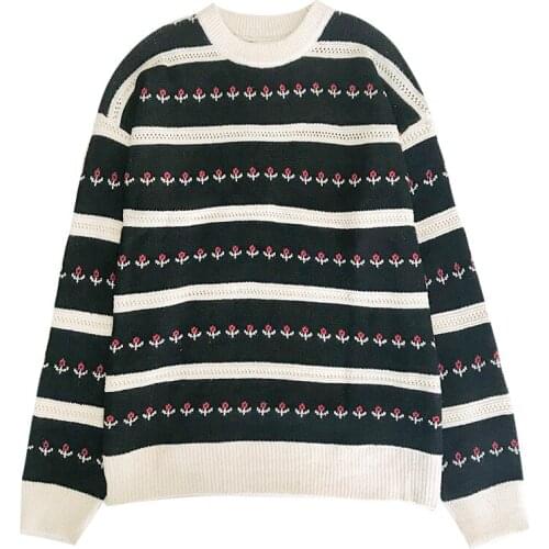 Autumn retro green striped hollow out jacquard design round neck loose long-sleeved sweater