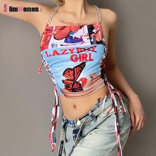 Letter Y2K Aesthetics Butterfly Print Backless Chain Halter Tops Vintage Drawstring Bandage Crop Top Streetwear Sexy Summer Tank