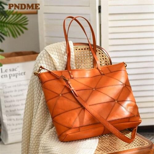 PNDME Fashion Luxury Stitching Genuine Leather Womens Handbag Natural Real Leather Large-capacity Womens Work Shopping Handbag
