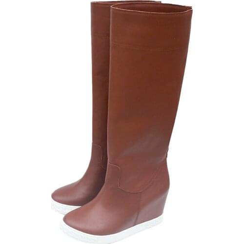 8cm height increasing genuine leather hidden heel bottines pleated winter snow over the knee boots brown Platform gothic shoes