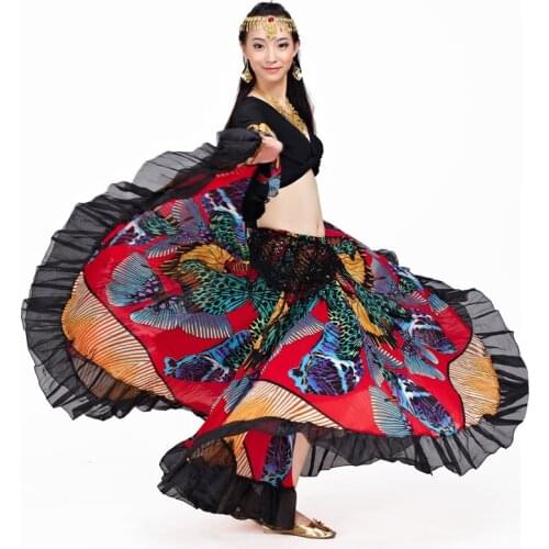 Tribal Belly Dance Performance Skirt Butterfly Full Circle Flamenco Skirt Women Gypsy Bellydance Skirt Chiffon Flower Skirt