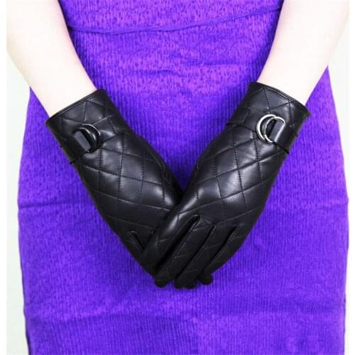 Genuine Leather Gloves Female Black Sheepskin Gloves Autumn Winter Plus Velvet Thicken Diamond Style Womans Gloves DQ103L