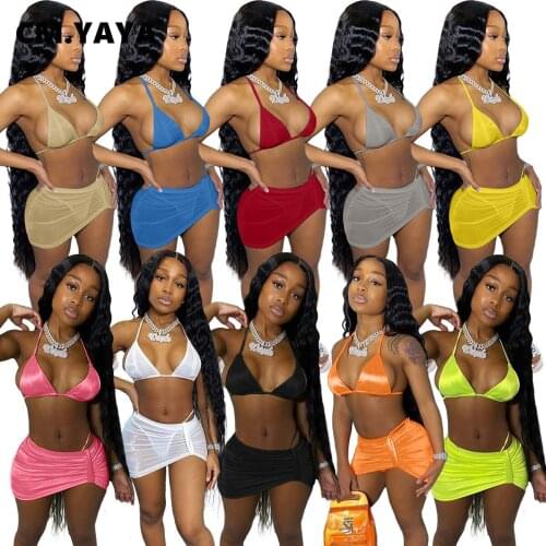 CM.YAYA Women Bikinis 3 Piece Sets Solid Mesh Halter Tops Low Waist Briefs Sheath Elastic Skirts Three Piece Set Sexy Beach 2021