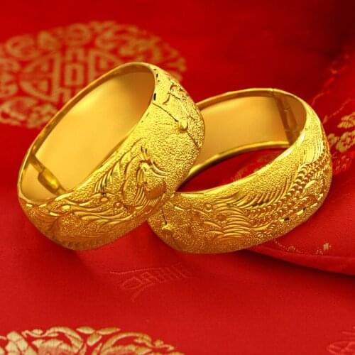 25mm Dragon Phoenix 24K Gold Bracelet For Women Female Bride Wedding Gold Bangle Bracelet Engagement Fine Jewelry Gifts