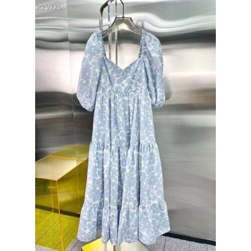 2021 Autumn New Fashion Runway Midi Dress Womens Puff Sleeves Printed Backless Diamonds Hot Sale Dress vestido