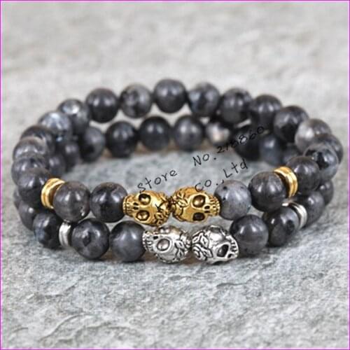 1pcs 2017 new fashion 8mm beads bracelet gold/silver color skull head black iron ore stone beads mens bracelet