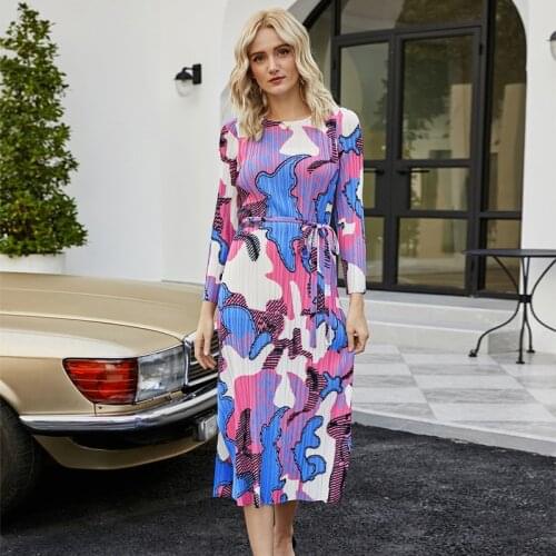 2020 winter Bohemian dress round neck long sleeve lace Sashes split elegant aesthetic clothes miyake pleated dress outfits 5453