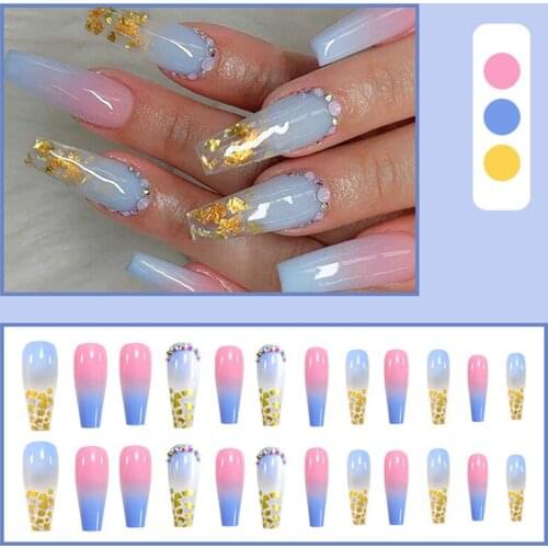 24pcs coffin nail tips Rainbow Gold Leaf with Diamond Wear Long Paragraph Manicure Patch False Nails Save Time Wearable Nail