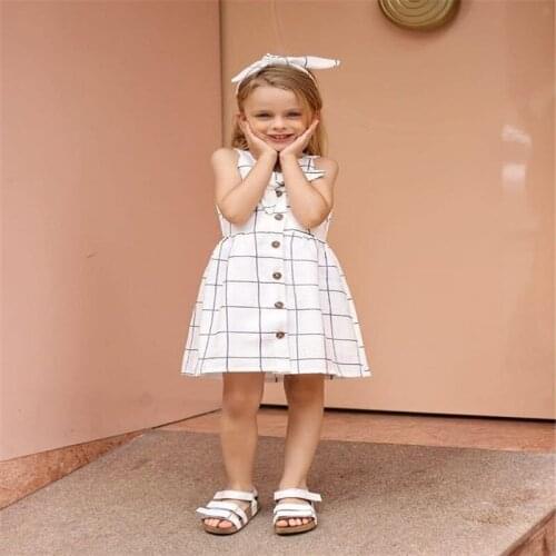 Free shipping Summer Newborn Toddler Kids Baby Girls Clothes Plaid bow Headband Button sleeveless round neck Dresses 2pc Outfits