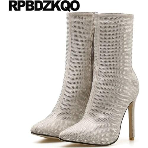 Side Zip Boots Booties Pointed Toe Sexy Black Stiletto Rhinestone Extreme Ankle Shoes 10 Diamond Big Size High Heel Women Casual