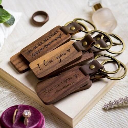 DIY Name Wood Keyring For Men Women Wooden Keychain For Keys Square Round Wood Chips PU Leather Keychain Wholesale Dropshipping