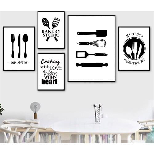 Black And White Cooking with Kitchen Wall Art Canvas Painting Quote Prints Posters Kitchen Dining Room Pictures Home Decoration