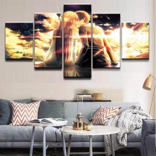 Japanese Anime Picture Couple Kissing Printed Canvas Painting Five Piece Set Frameless Mural Bedroom Home Decoration Art Poster