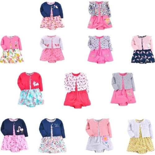 Baby Girl Sets Spring Autumn Cotton Coat+Short-Sleeve Print Romper Dress 2 Piece Suits For a Newborn Infant Baby Clothes