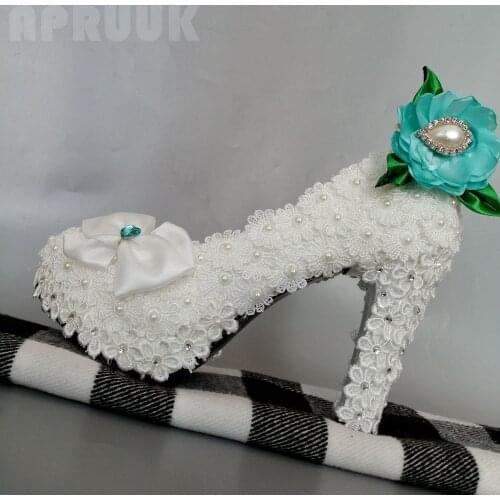 Lace pumps shoes woman super high 11cm heels platforms wedding shoes bride ladies party dinner green flower shoes plus size