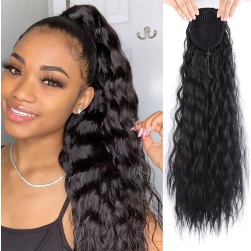 BUQI 24 Inches Long Afro Kinky Curly Ponytail Extension Synthetic Black Drawstring Corn Hair Piece for Women