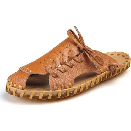 New Arrival Summer cow Leather Breathable Men Flip Flops Korean Style Beach Sandals Male Handmade Slippers