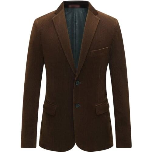 Men Smart Casual Corduroy Blazer Navy Blue Camel Claret-Red Striped Velvet Suit Jacket Autumn Spring Notched Collar Outfit Male