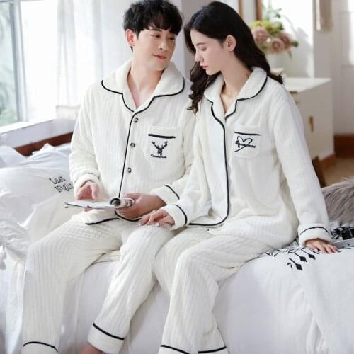 Autumn Winter Coral Velvet Couple Pajamas Set V-Neck Plus Size Home Service Suit Casual Women Flannel White Sleepwear Nightwear
