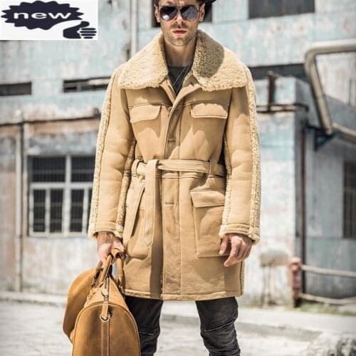 Mens Runway Natural Shearling Military Mid Long Coat Belted Khaki Real Lamb Wool Fur Overcoat Winter Warm Genuine Leather Jacket
