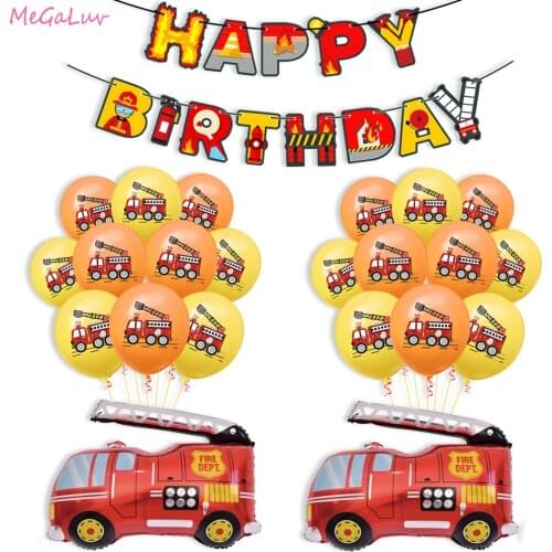Fire Truck Latex Balloon Construction Vehicle Foil Helium Ballon Kids Happy Birthday Banner Decor Fireman Theme Party Supplies