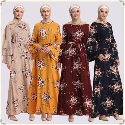 Muslim Print Abaya Flare Sleeve Dress Long Robe Gowns Tunic Kimono Ramadan Islamic Prayer Clothing Worship Service Wholesale