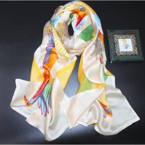 190x65cm Big Size Silk Long Scarf Silk Double Layers Parrots Printed Women Shawls Pashmina Animals Wraps