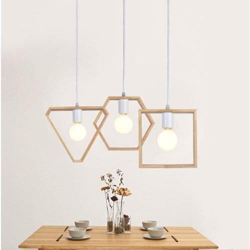 Nordic Geometric Wood Pendant Lamp Holder Solid Wooden Pendant Light Kitchen Dining Room Triangle Square Hanglamp Luminaire