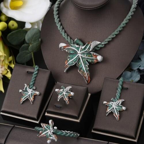 KellyBola Jewelry 2021 Gorgeous Maple Leaf Zircon Necklace Bracelet Earrings Ring Set High Quality Ladies Fashion Accessories