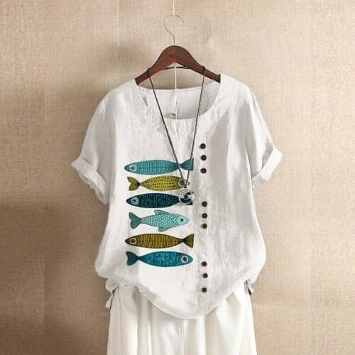 Vintage Cotton Linen Women Shirt Summer Casual O Neck Print Shirts Blusa Button Short Sleeve Pullover Elegant Tops 5XL