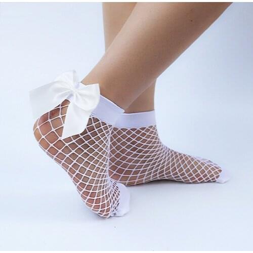 Chic Womens Harajuku Breathable White Bow knot Fishnet Socks.Sexy Hollow out Mesh Nets Socks Ladies Girls Lolita Style Bow Sox