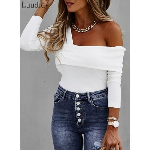 Women Elegant Office Wear Solid One Shoulder Long Sleeve Irregular Knitted Top Sweater