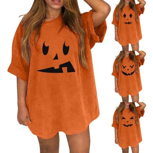Women Short Sleeve Halloween Pullover Loose T-shirt Round Neck Blouse Ghost Face Printing Daily All-match Lovely Girl T-shirt