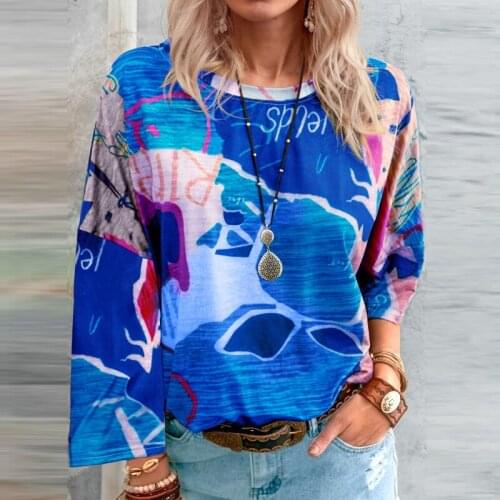 Long Sleeve Loose Graffiti Floral Print Women Top T shirt Autumn Winter O-neck Streetwear Casual Personality Female Pullover Tee