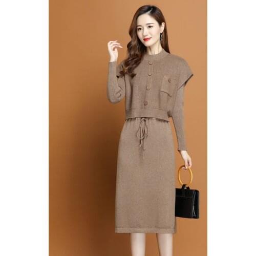 2021 Spring Fall Woman Fashion New Version of All-Match Dress Female High Waist Knitted Skirt Suits Lady Two Piece Outfit Q110