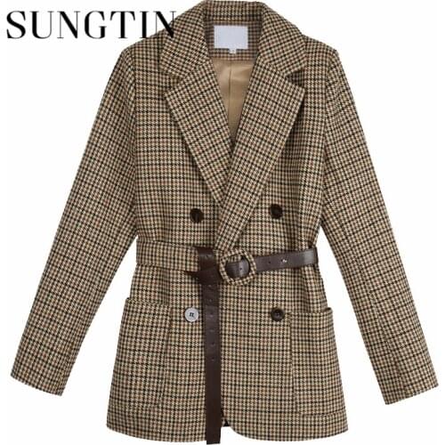 Sungtin Vintage Thicken Plaid Wool Coat Blazer Women with Belt Korean Casual Office Lady Jackets Loose Female Suits Coat OL Work