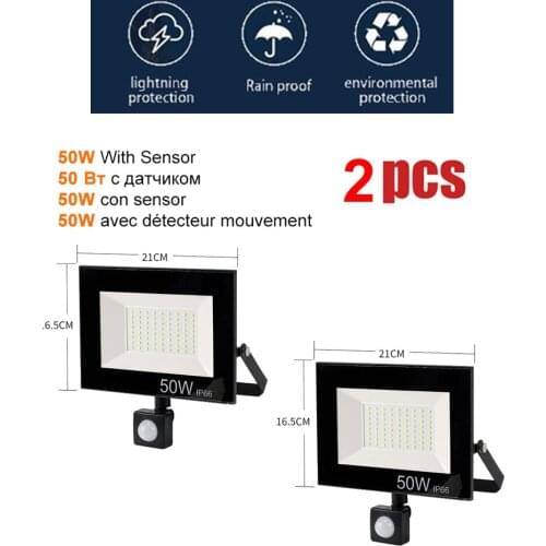 2 pcs 220V 10-100W LED FloodLight Spotlight Exterior Street wall reflector LED Lights Wireless Motion Sensor lamp Security Water
