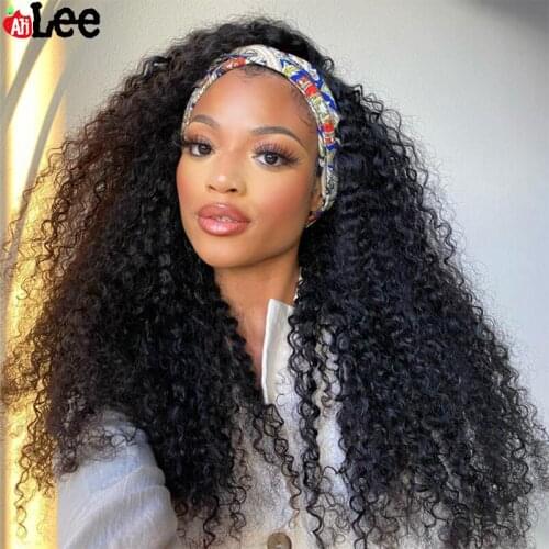 AliLee Kinky Curly Headband Wig With Scarf Malaysian Jerry Curl Human Hair Wig Changable Scarf Glueless Wig For Women 8-30inch