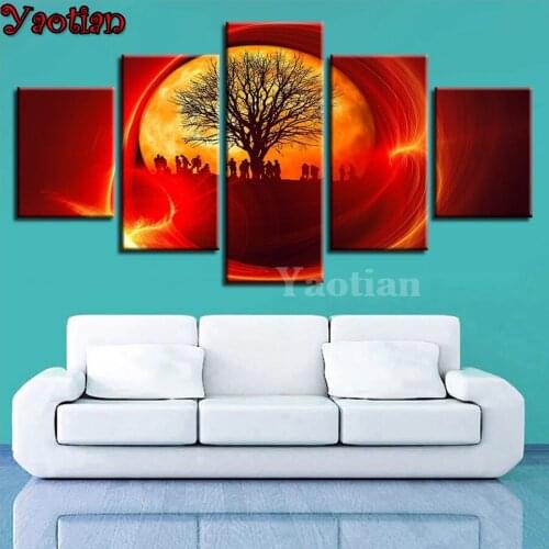 Diamond Embroidery 5 Pieces Tree And Soldier Red Sun Abstract Landscape Cross Stitch Needlework Diy Diamond Painting Mosaic