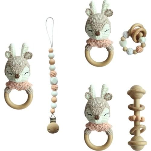 Baby Pacifier Clip Chain Newborn Dummy Holder Teething Bracelet Crochet Elk Soother Toy Infants Rattle Teether Gifts