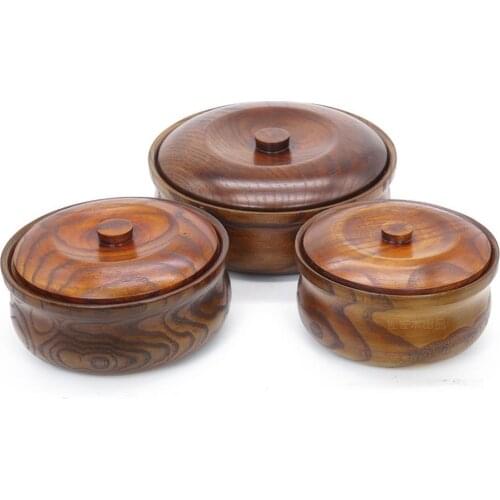 Solid Wood Bowls with Cover for Soup/Noodles Salad Bowls Japan Style Rice Dinnerware for Home/Hotel/Restaurant