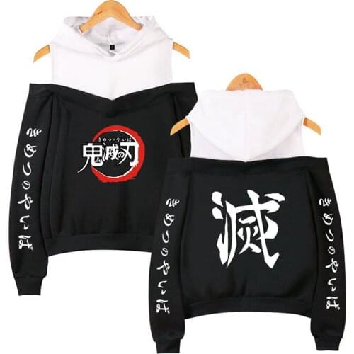 Demon Slayer Kimetsu No Yaiba Hoodie Sweatshirt Women Off Shoulder Sexy Streetwear Nezuko Cosplay Costumes Oversized Clothes