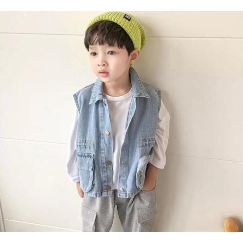 Boys Handsome Vest 2021 Spring Baby New Korean Style Cowboy Vest Childrens Boys Pocket Denim Casual Jacket Boys Denim Waistcpat