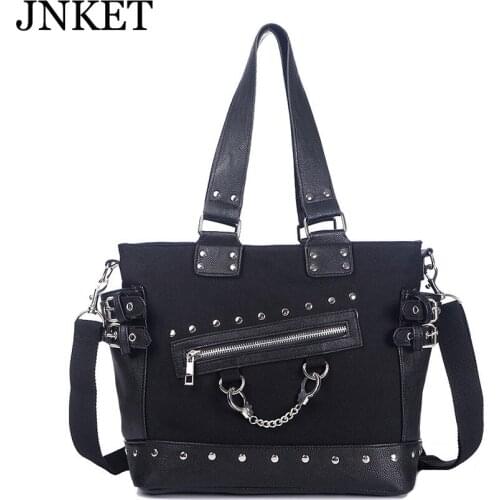 JNKET New Women Canvas Tote Bag Rivet Shoulder Bag Punk Handbag Casual Sling Bag Crossbody Bag