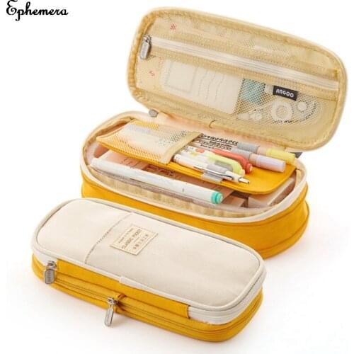 Kawaii Pencil Case Macaron Color Canvas Stretch Double Layer Large Capacity Pencil Box Cute Pencilcase Kids School Stationery