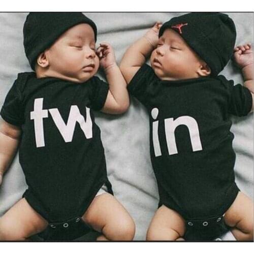 Baby Twins Outfits Baby Girls Boys Bodysuits Black White Letter Print Short Sleeve Newborn Boy Clothes New Born Rompers